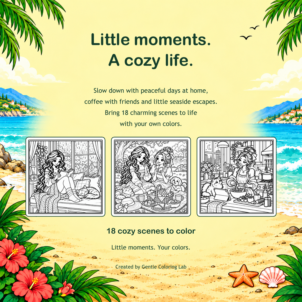 Cozy Life coloring book back cover with sample scenes