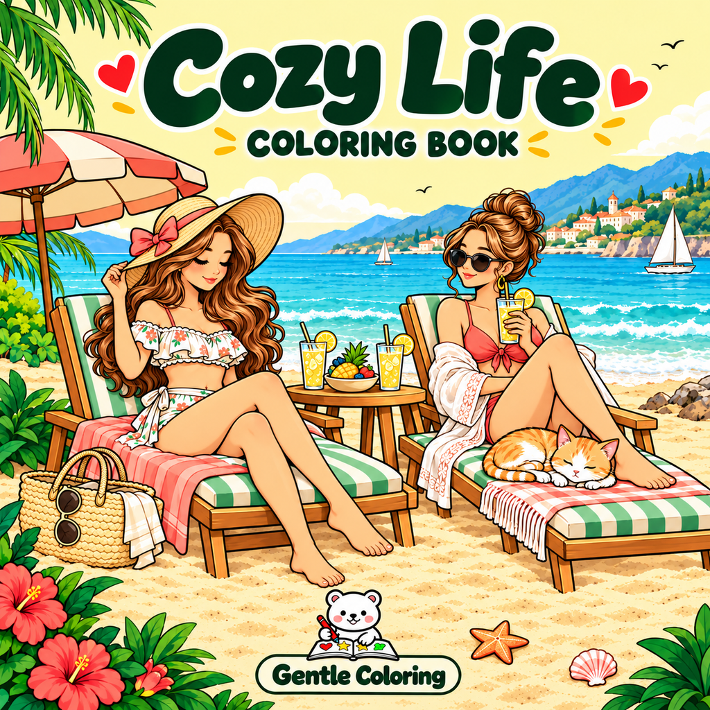 Cozy Life coloring book front cover with two friends by the sea
