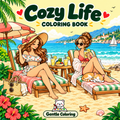 Cozy Life coloring book front cover with two friends by the sea