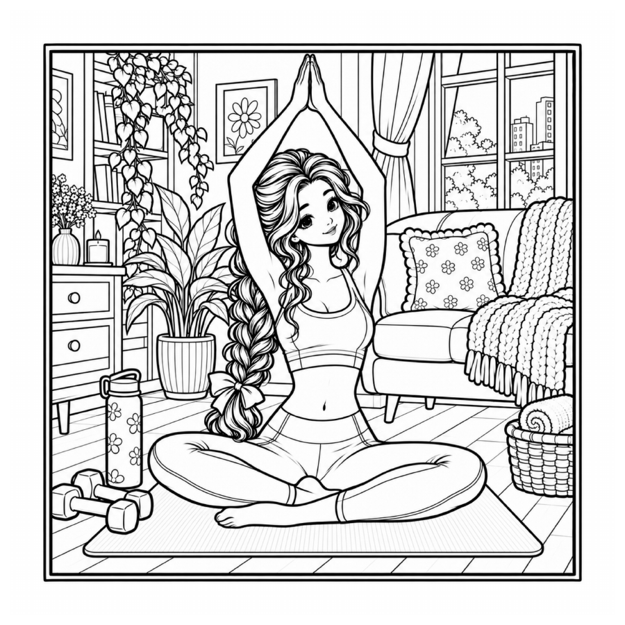 Sample coloring page from Cozy Life showing a calm morning stretch