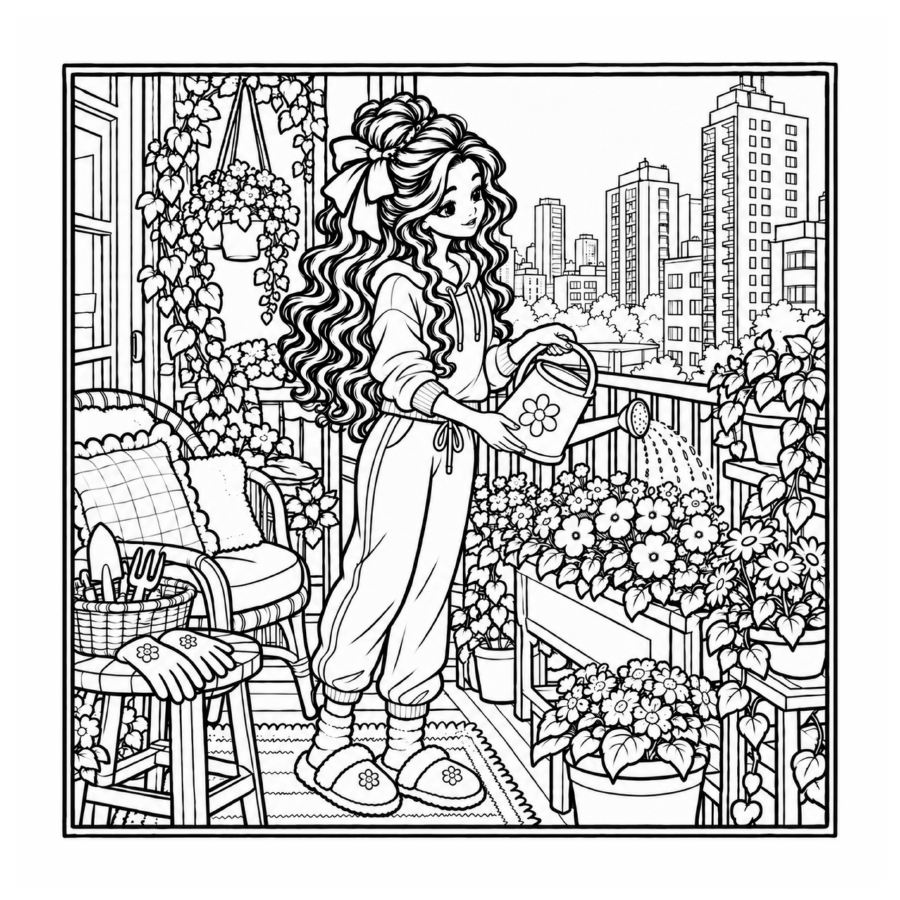 Sample coloring page from Cozy Life showing a balcony garden