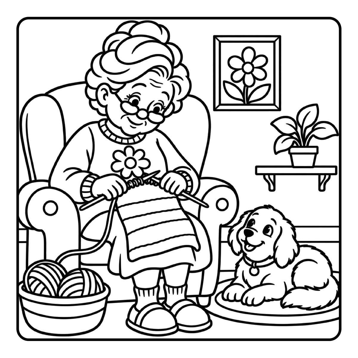 Grandma knitting with her dog — sample coloring page