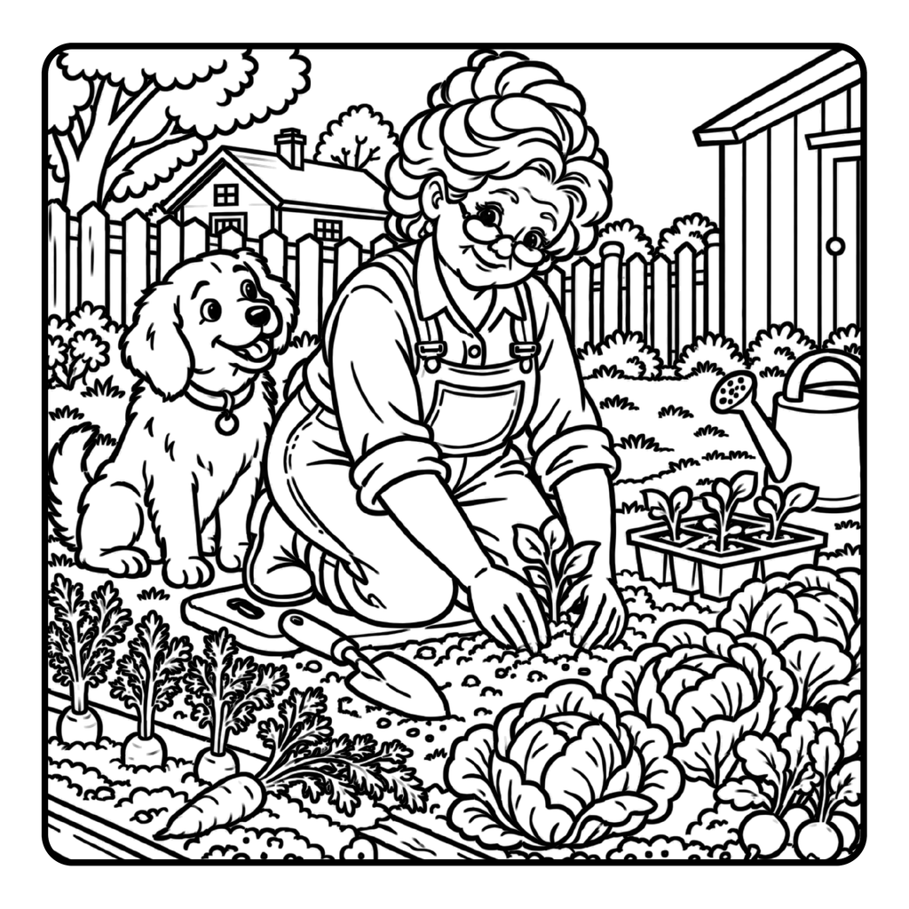 Grandma planting vegetables — sample coloring page