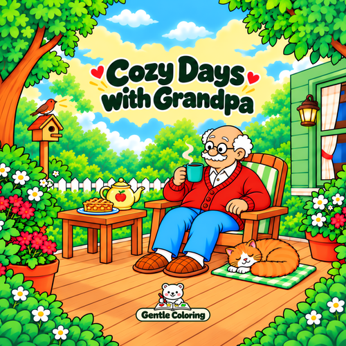 Complete front cover of Cozy Days with Grandpa coloring book