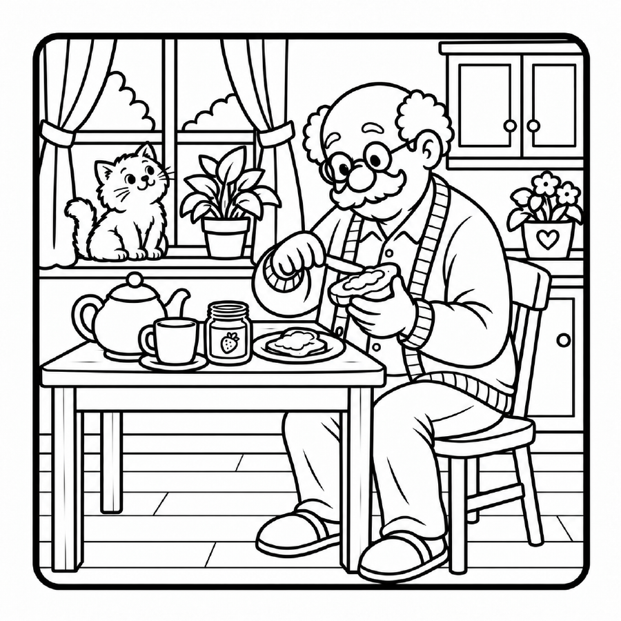 Sample coloring page from Cozy Days with Grandpa showing tea with a cat