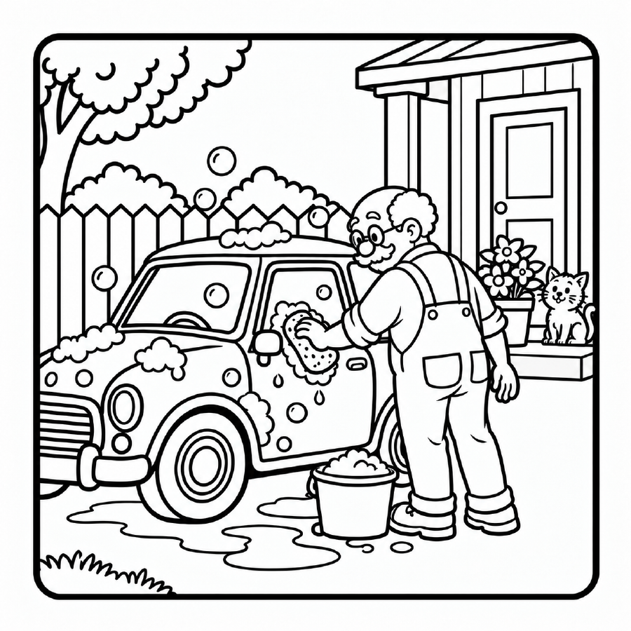 Sample coloring page from Cozy Days with Grandpa showing Grandpa washing his car
